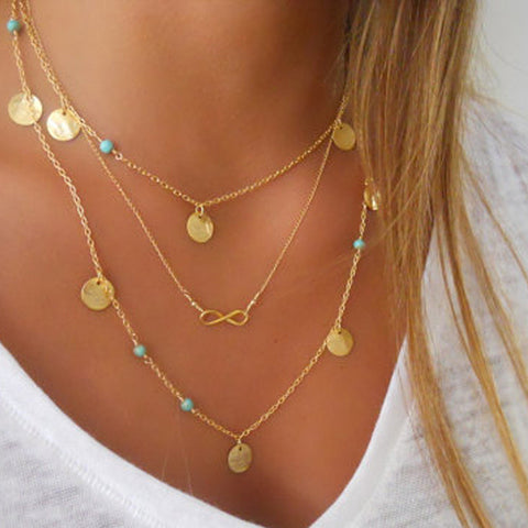 Vintage Bohemian Bead Round Paillette Charms Necklace